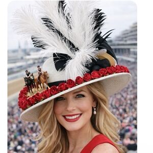 Elegant White Straw Derby Hat with Red Rose Trim and Black-White Feathers